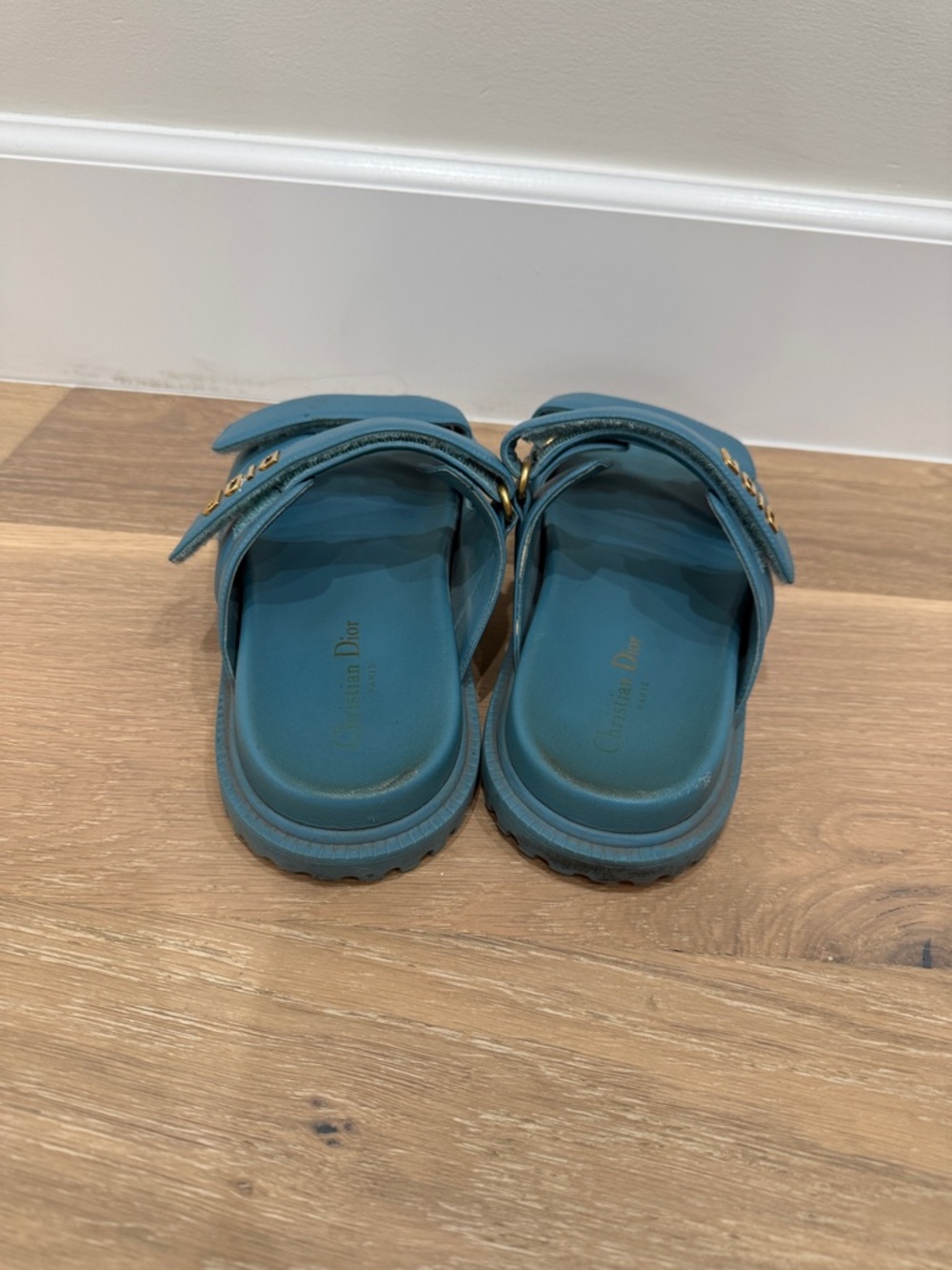 Authentic pre loved Dior Teal Leather Velcro Strap Sandals with Gold Logo - Picture 3 of 4